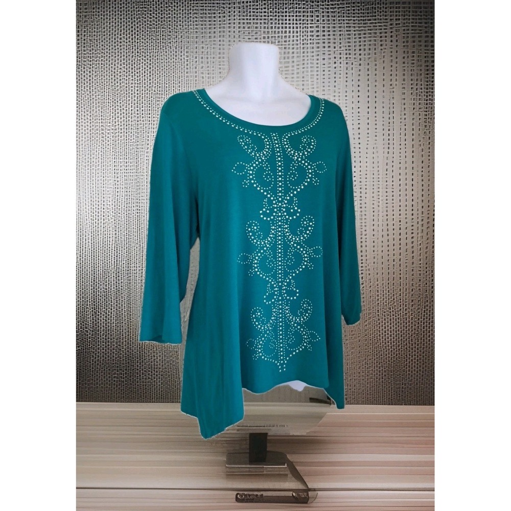 JM Collection Popover Top 2X Green Beaded Sharkbite Hem 3/4 Sleeve Rayon Spandex
